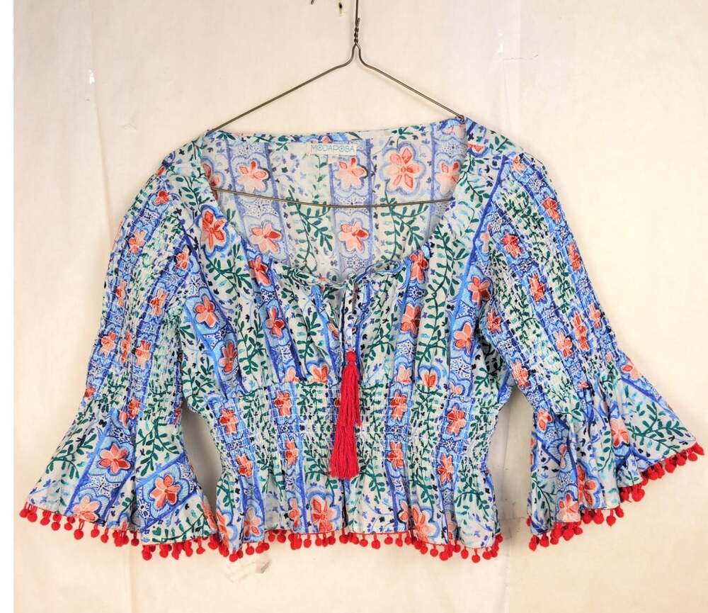 Modaposa floral pom pom trim smocked waist bell sleeve top Size Small Boho Retro